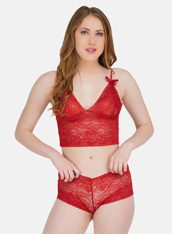 تايك تو طقم حمالة صدر براليت دانتيل أحمر وشورت للنساء